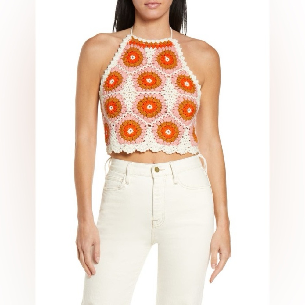SEA New York Hayden Crochet Halter Top in Pink / Orange